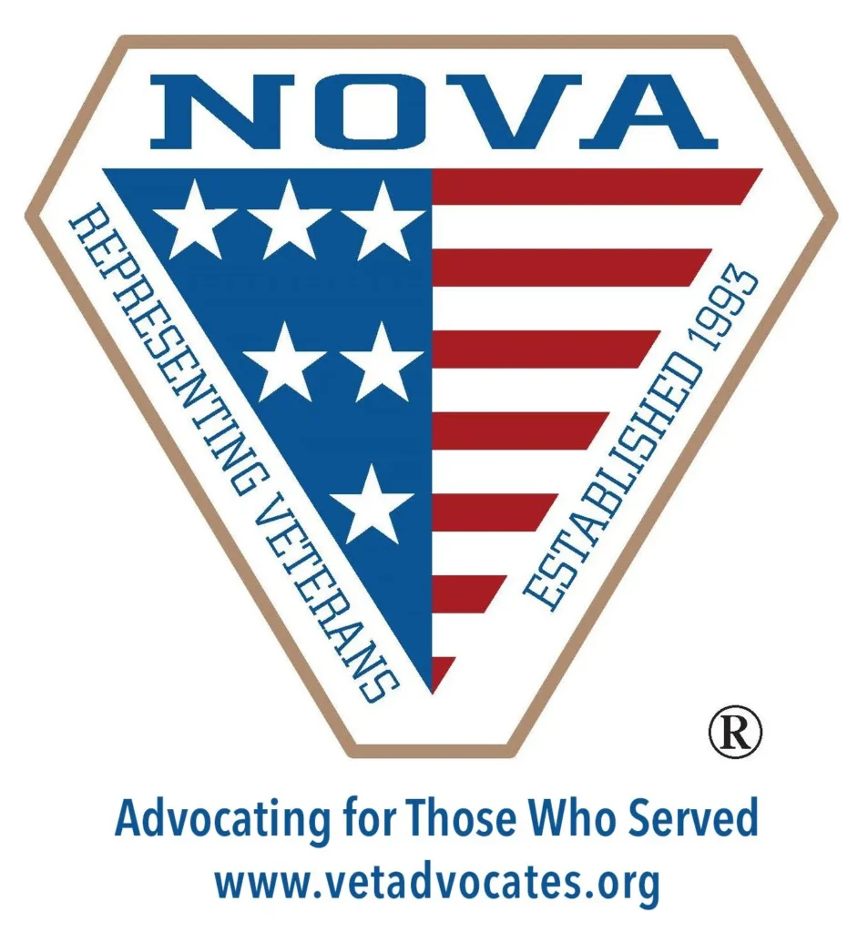 Logo featuring a shield with blue and red stripes, white stars, and text "NOVA Representing Veterans Established 1993," and website www.vetadvocates.org.