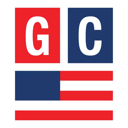 Logo with red and blue blocks, white letters "G" and "C," and stylized American flag elements.